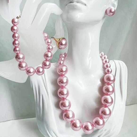 Faux Pearl Jewelry Set for Women Necklace Earrings Bracelet Ring Formal Wedding - Picture 4 of 7
